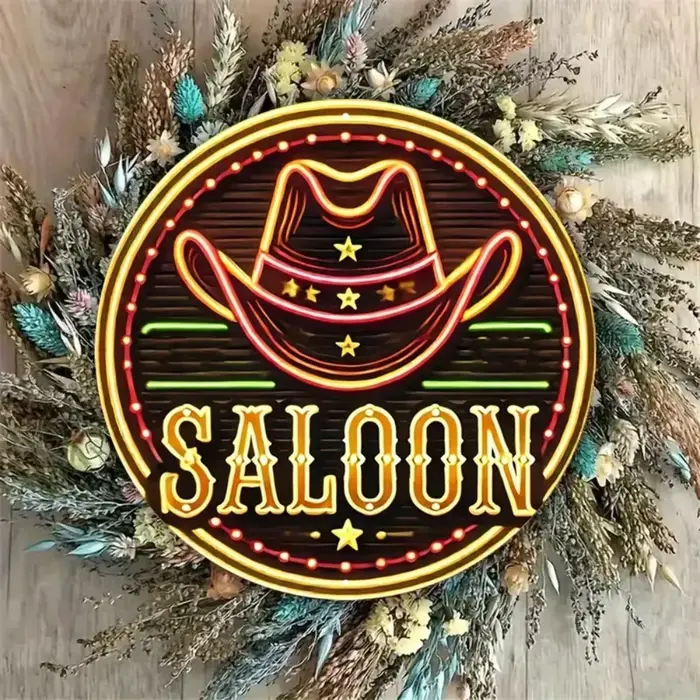 Plaque métallique chapeau de cowboy style néon pour décoration intérieure rustique et moderne occassions spéciales