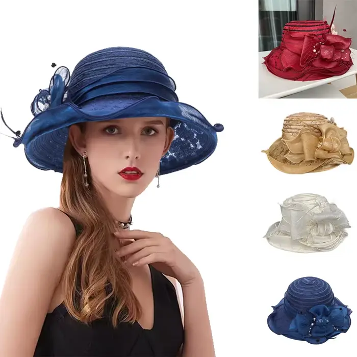 Chapeau d'église élégant pour femme à large bord fleuri protection solaire occassions spéciales été printemps mariage thé office du dimanche