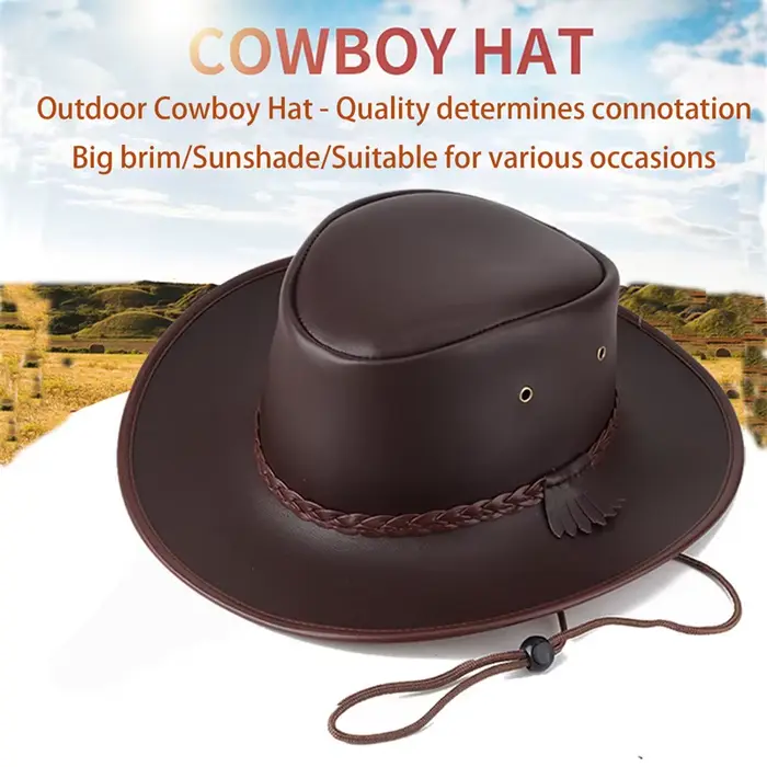 Combhasaki Chapeaux de cow-girl occidental pour hommes avec ficelle réglable en cuir artificiel à large bord pour