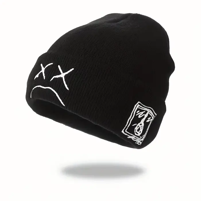 Bonnet sans bords avec visage triste brodé, chapeau tricoté noir et blanc à la mode, chapeau hip-hop