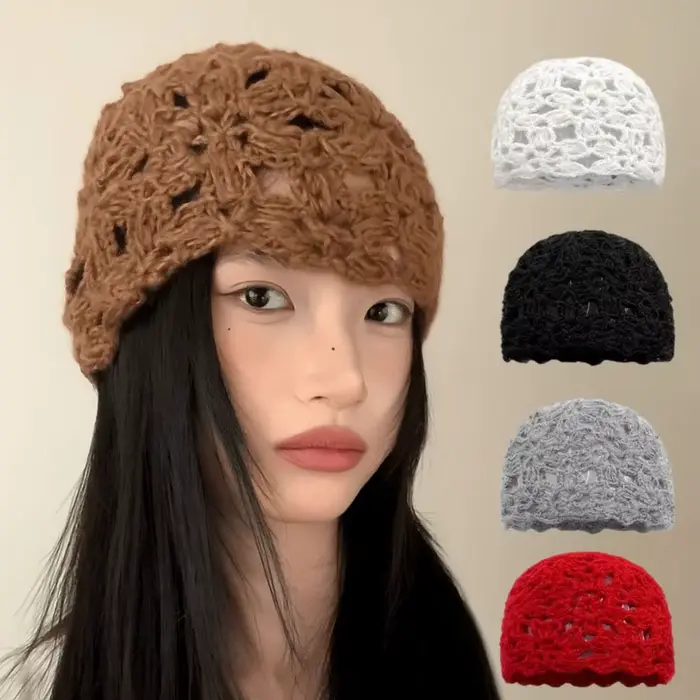 Chapeau décontracté en crochet tricoté à la main avec fleur pour femme style japonais multi-saisons voyage