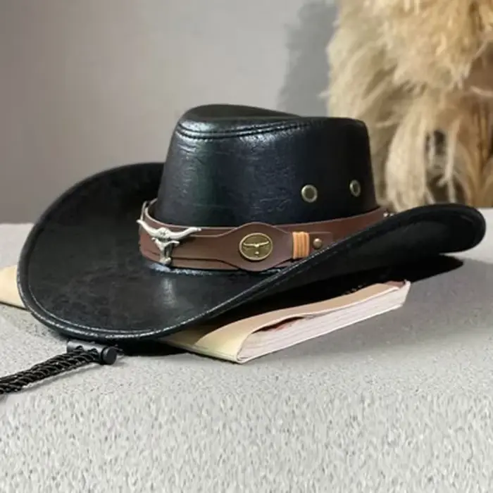Chapeau de Cowboy occidental, ceinture de tête de bœuf, chapeau Fedora à rivets pour hommes et femme