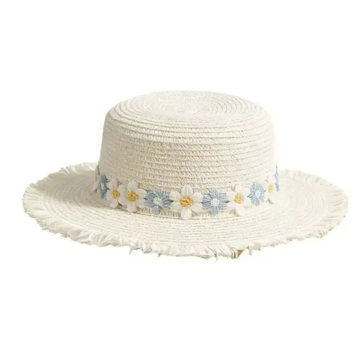 Chapeau de paille vintage à large bord avec fleurs, protection solaire, style français, visière anti
