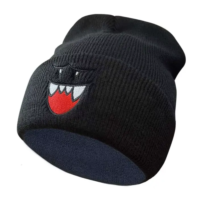 Chapeau tricoté brodé Happy Face, chapeau en laine chaud décontracté pour couple d'automne et d'hive