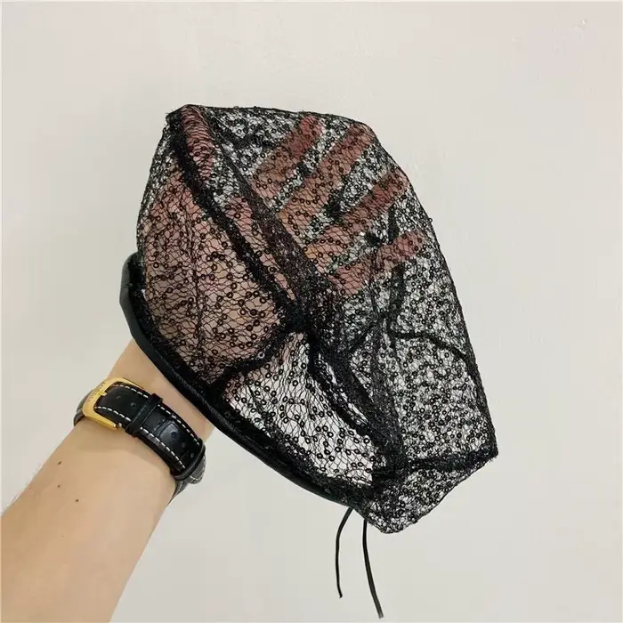Béret en dentelle et maille à paillettes pour femmes, chapeau d'été fin et plat, respirant, Style ar