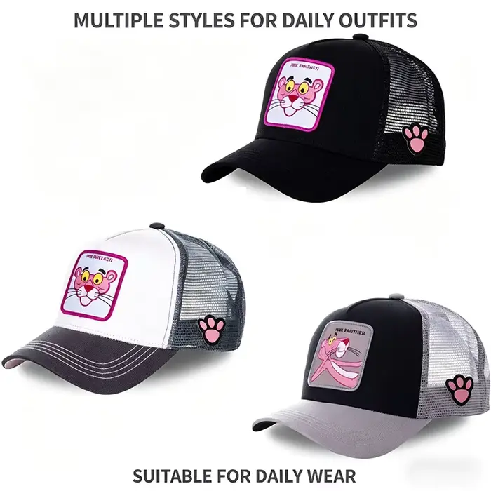 Casquette de baseball en coton style hip-hop motif panthère de dessin animé légère et respirante avec filet pour hommes et femmes occasions spéciales