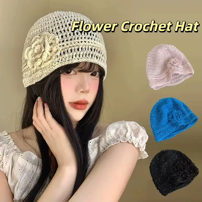 Casquette tricotée aux fleurs tissées à la main polyester pour femmes, style années 2000, streetwear, extérieure, printemps été, multifonctionnelle