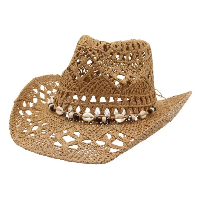 1 chapeau de soleil en paille ajouré style bohème, chapeau de plage western pour cowgirl, idéal pour