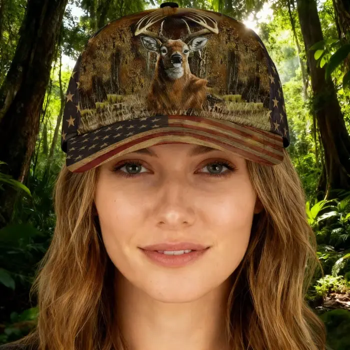 Casquette de baseball vintage drapeau américain avec conception de chasse au cerf de forêt chapeau de camping en plein