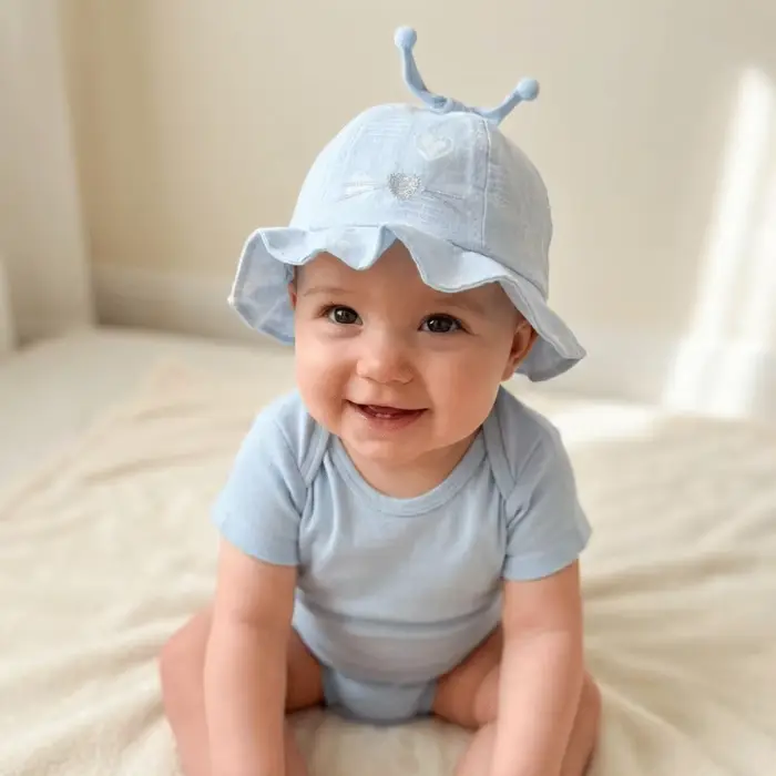 Chapeau de soleil pour bébé imprimé cœurs plissé avec nœud large bord protection solaire style pêcheur pour garçon occasions spéciales extérieures