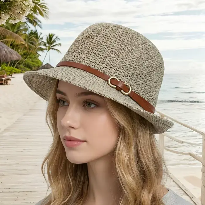 Chapeau de paille élégant pour femme avec ceinture décorative - Chapeau de soleil respirant ajouré, 