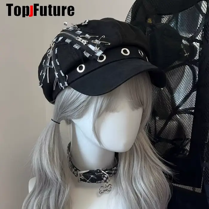 Béret gothique Harajuku Lolita pour femmes, casquette Y2K pour filles, Steampunk Punk, fermeture écl