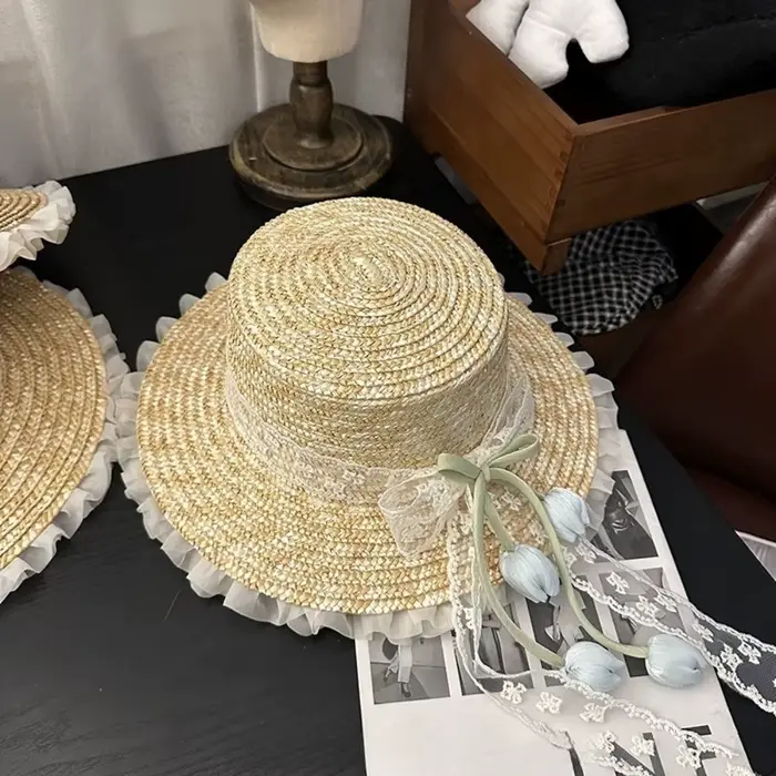 Chapeau de paille à large bord avec nœud en dentelle, protection UV, style bohème, pour le printemps