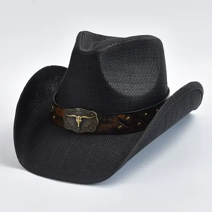 Chapeau de paille épaissi pour hommes bord bouclé Vintage Western Cowboy