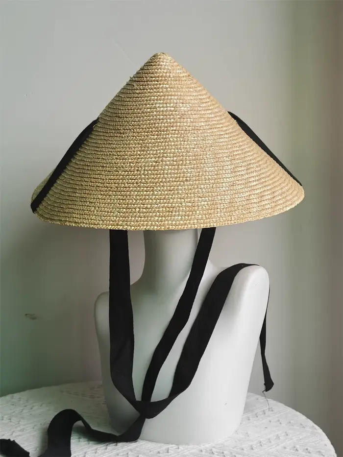 Chapeau conique asiatique à large bord, Chapeau de soleil en paille pour femmes, Chapeau de plage, d