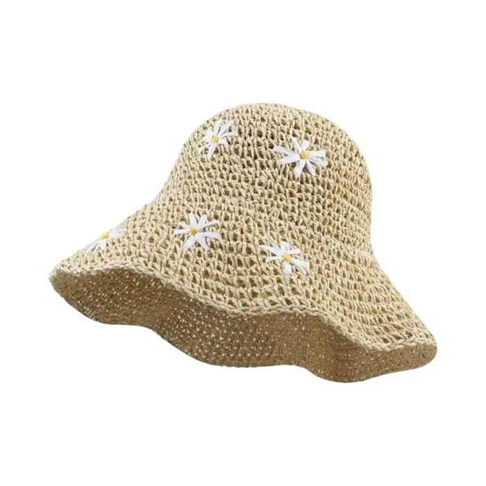 Chapeau Bob d'été tendance en paille à fleurs, pliable, pour femme, idéal pour la plage et la protec