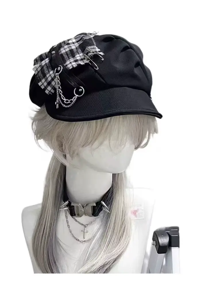 Chapeau femme doux Style Cool Y2K sous-culture Punk millénaire épices croix neutre foncé à carreaux 