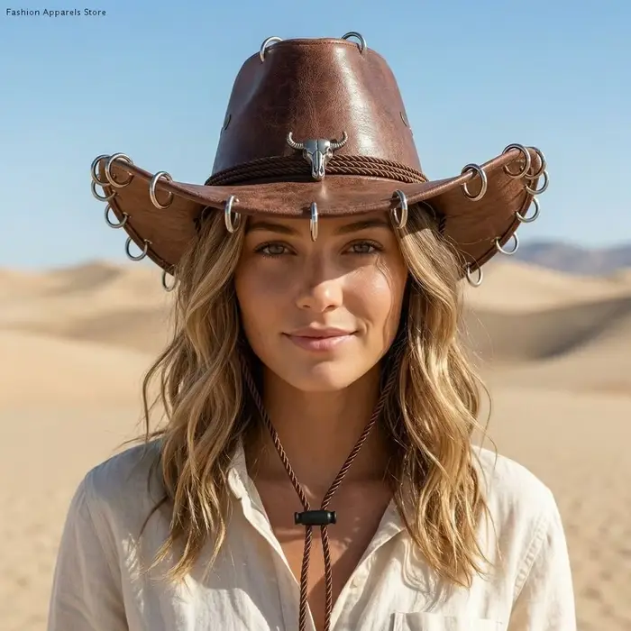 Chapeau de cowboy rétro à large bord en cuir PU