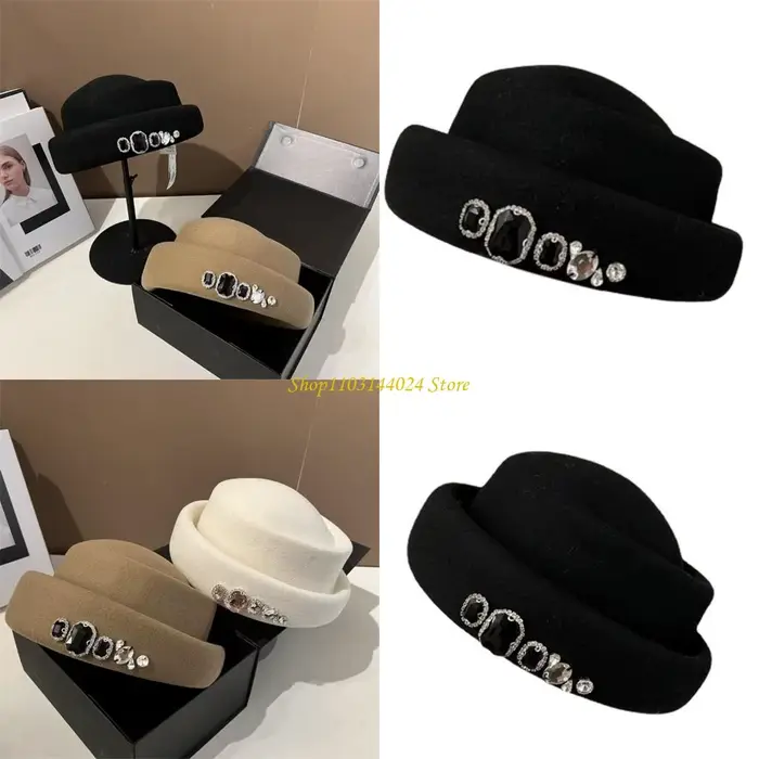 Chapeau haut-de-forme en strass de Style français pour femme par temps froid