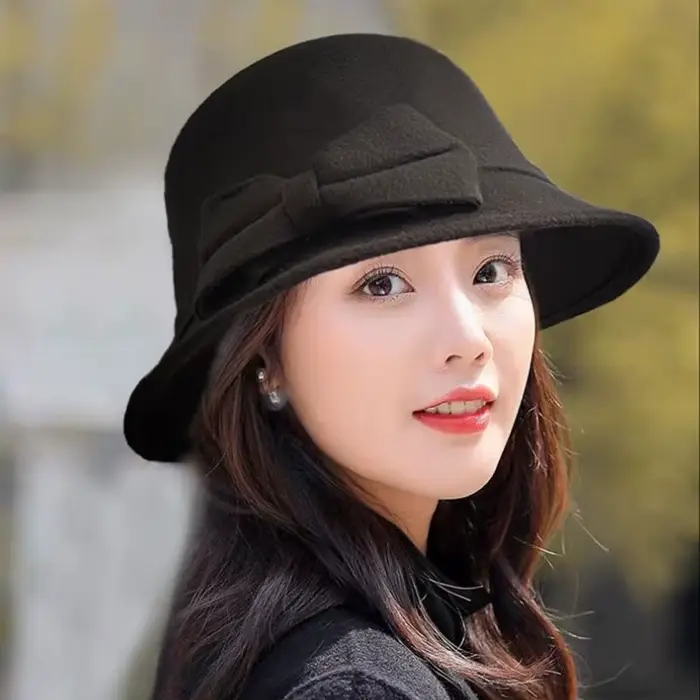 Femmes élégant laine feutre Fedoras chapeau automne hiver chaud couleur unie arc seau dôme casquette dames mode rétro église haut chapeaux