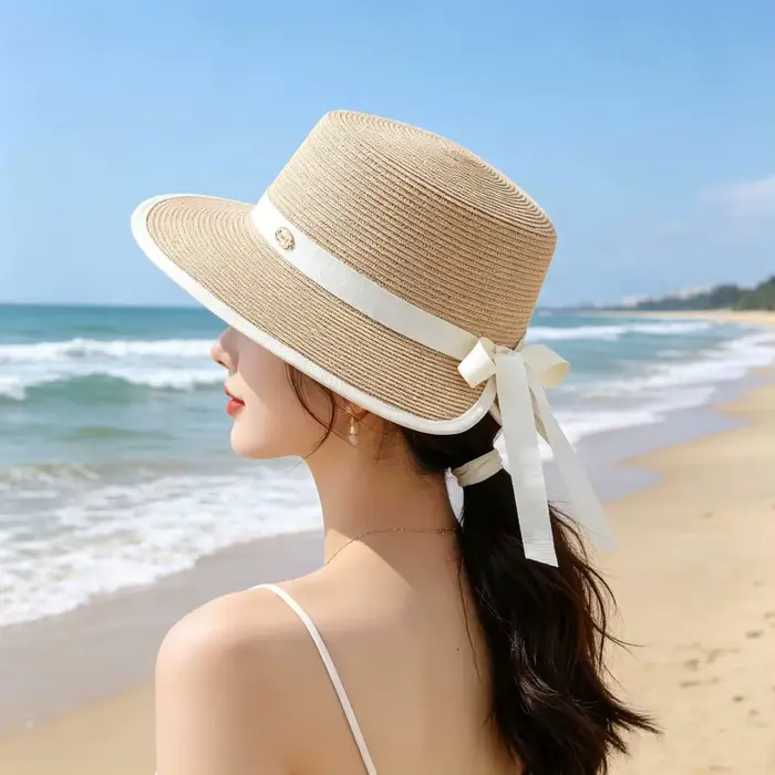 Chapeau de soleil rétro en paille style Hepburn avec protection UV et large bord