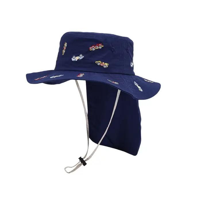Casquette Panama pour enfants, Kawaii, Protection du cou brodée de dessin animé, chapeau seau à larg