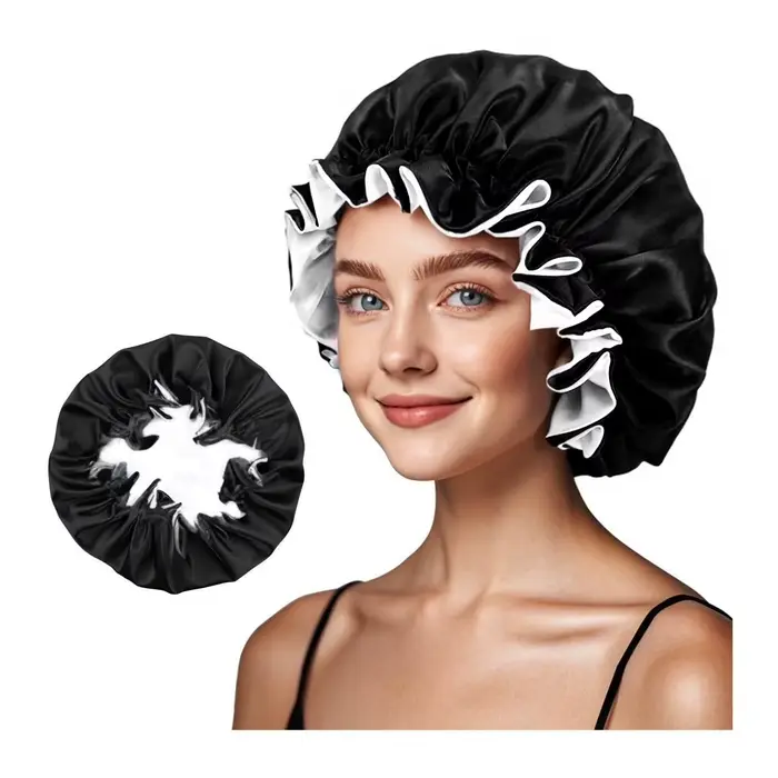Bonnet en satin bicolore double couche réversible pour cheveux longs et bouclés pour femmes occasions spéciales nuit et bain