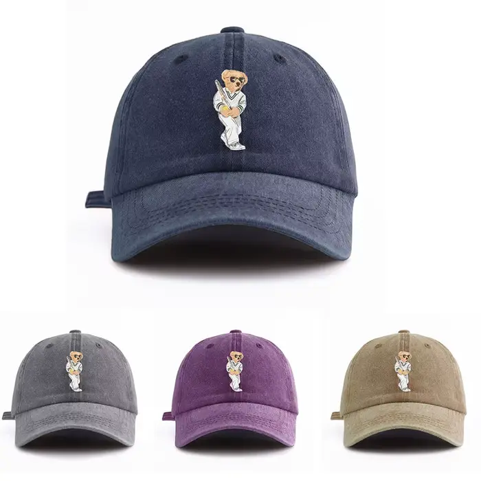 Casquette de baseball délavée à imprimé ours pour adultes