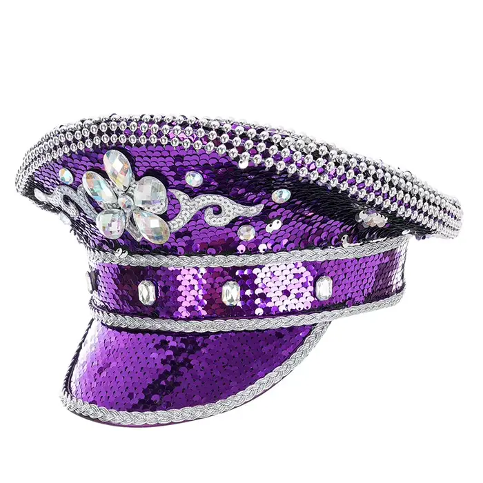 Chapeau militaire gothique avec paillettes violettes et biscuits pour femme