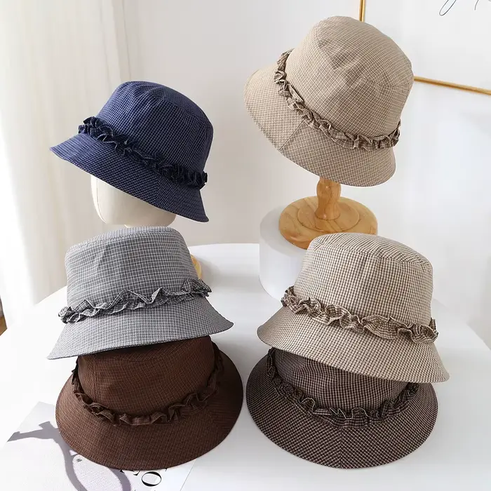 Chapeau de seau pour femme à carreaux avec volants protection solaire style pêcheur occassions décontractées春夏秋冬通用女士渔夫帽方格波浪边防晒多功能春秋夏季使用场合休闲