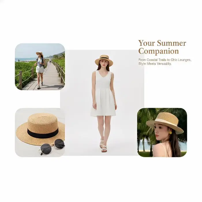 Chapeau de paille pour femme style français calotte plate bord large protection solaire idéal été plage vacances voyages tendance