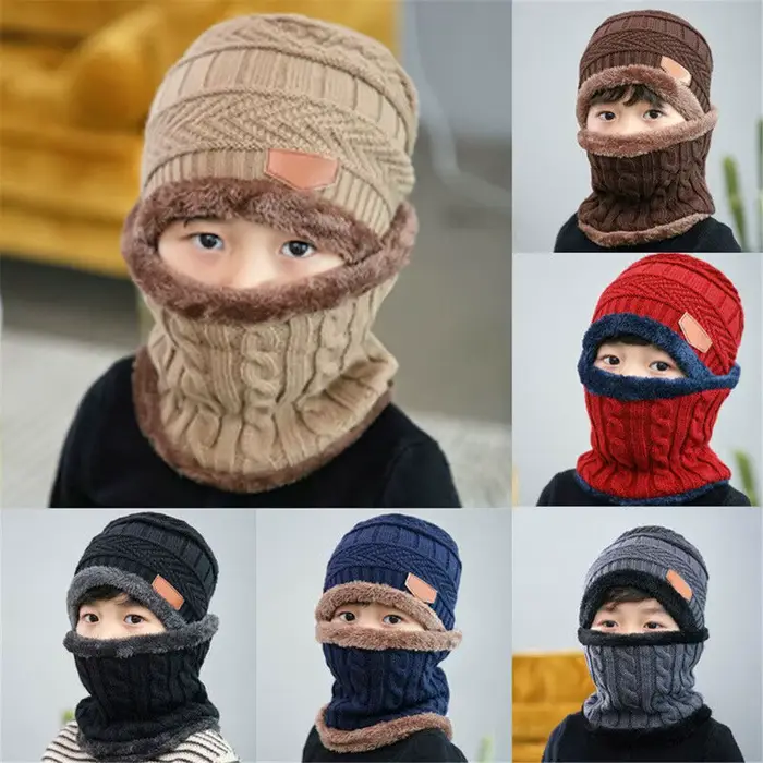 Ensemble écharpe et chapeau pour enfants en polyester et coton, styles mode et solides, adapté aux sorties hivernales et occasions spéciales