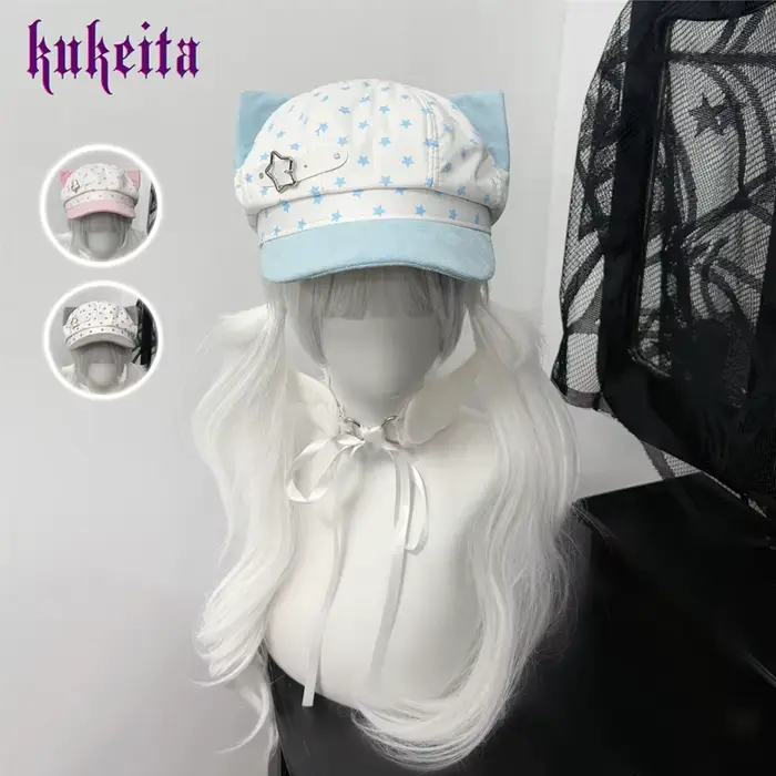 Kukrita Harajuku Y2K – Chapeau à oreilles de chat bleu et blanc