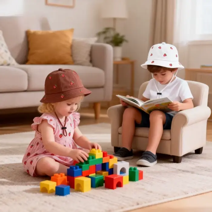 Chapeau de pêcheur pour fille avec broderie fraise 48-50cm