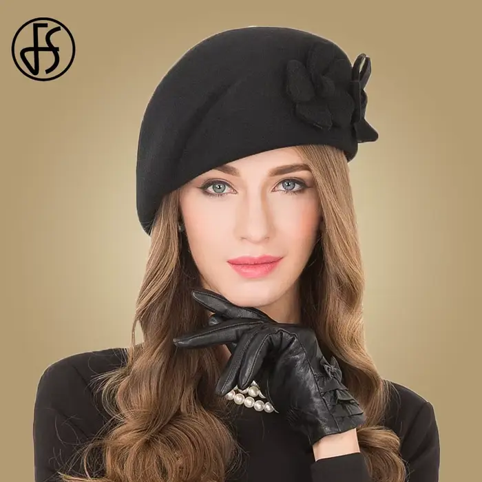 FS Vintage noir béret français 100% laine chapeau pour femmes rouge rose fleur Fedora hiver feutre d