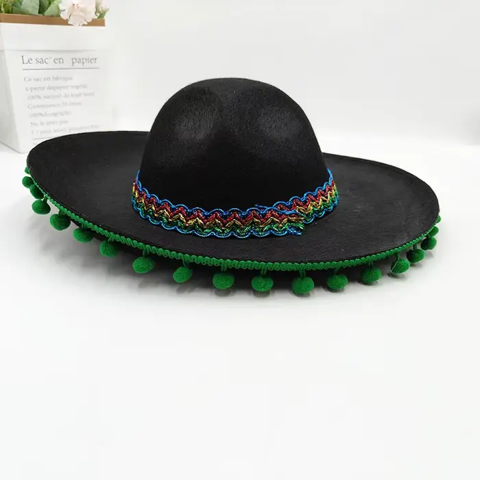 Chapeau Sombrero Mexicain Multicolore à Pompons, Noir à Large Bord, pour Carnaval et Fêtes Thématiqu