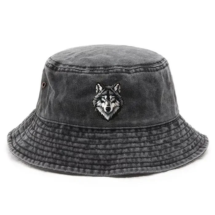 Un chapeau de pêcheur unisexe à tête de loup - Design de visage de loup de dessin animé, chapeau pli