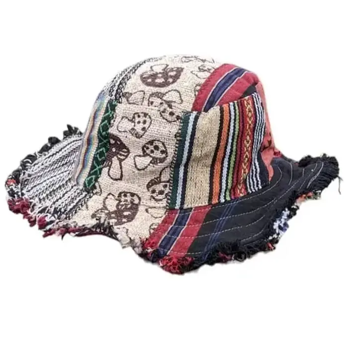 Nouveau Chapeau en chanvre patchwork multicolore motif champignon avec poche cachée, style bob, chap