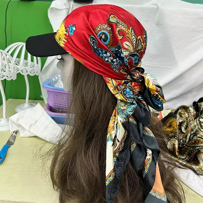 Foulard en soie satinée imprimé 2 en 1 pour femmes, élégant et pratique, chapeau de soleil et écharpe, pour vacances et occasions spéciales ```