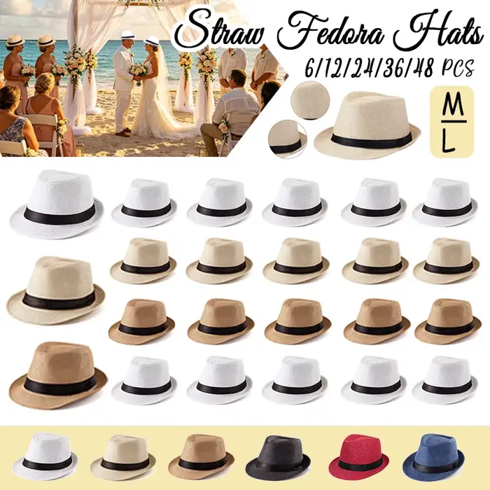 Lot de 6 à 48 chapeaux Fedora en paille pour mariage