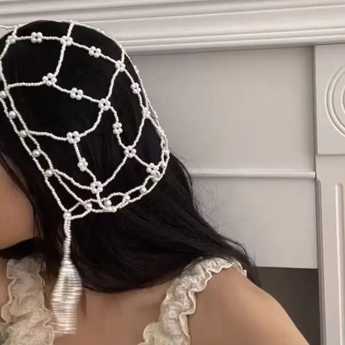 Bonnet tricoté à perles rondes et franges en crochet pour femme, style rétro, ajouré et respirant, p