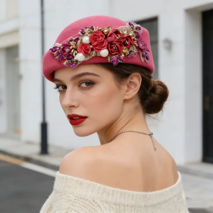 Chapeaux de luxe en feutre avec strass et fleurs pour femmes