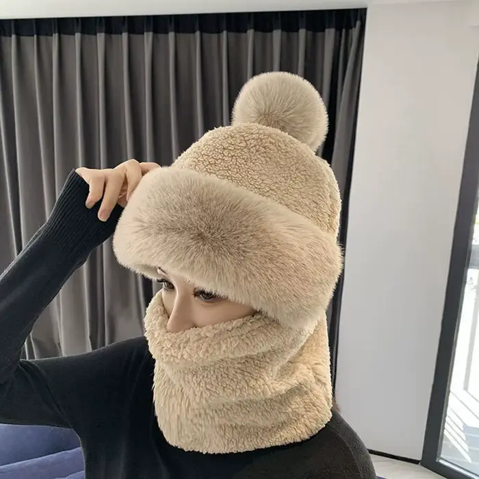 Extérieur femme plus chaud hiver capuche épaississement cou chaud couleur unie bonnet chapeau chapea