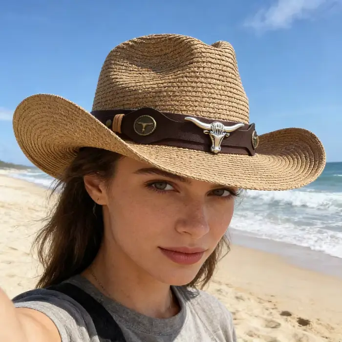 Chapeau de cowboy vintage en paille style western unisexe avec boucle de ceinture décorative