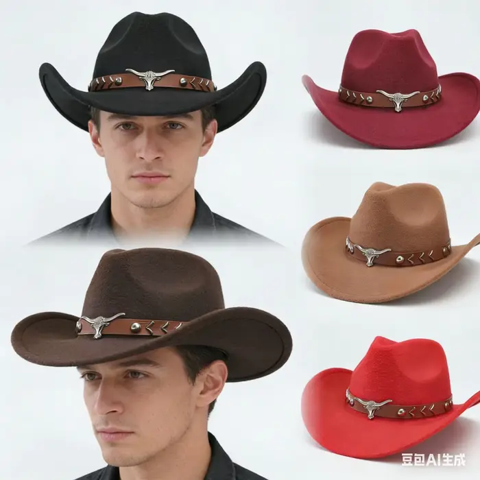 Chapeau de cowboy vintage en feutre avec crâne de taureau Longhorn