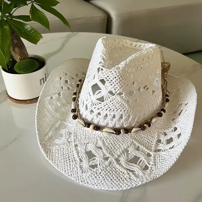 Chapeau de paille bohème d'été pour femmes et hommes, chapeaux de Cowboy de plage, perles en bois aj