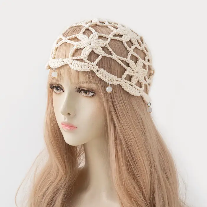 Bonnet tricoté ajouré style bohème pour femme, idéal printemps-été, polyvalent, rétro, avec perles e