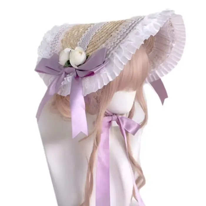 Chapeau de paille Lolita style rural français avec volants en dentelle