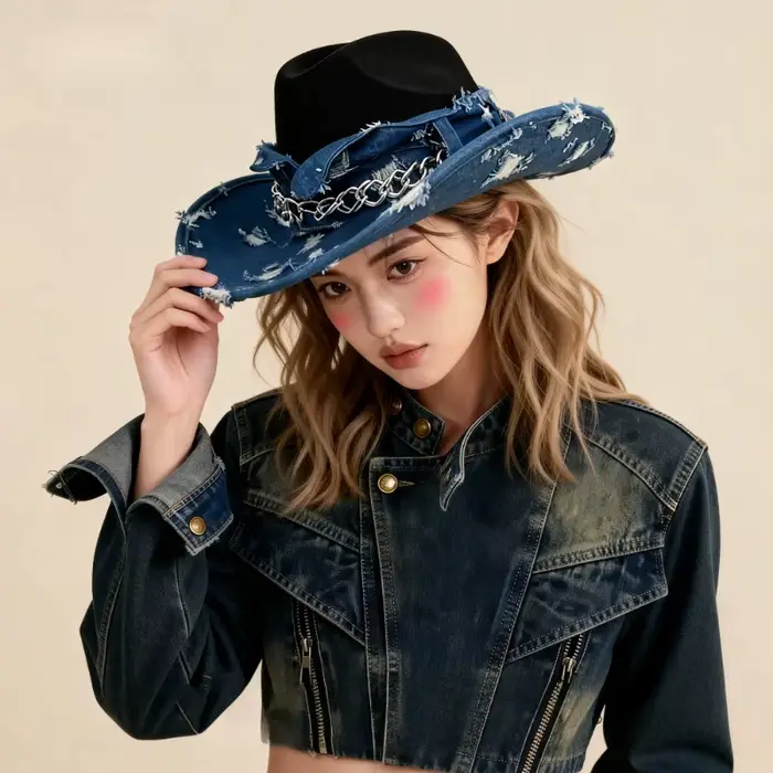 Chapeau de cowboy western vintage pour femmes et hommes, en denim délavé, style cowgirl jazz, idéal 