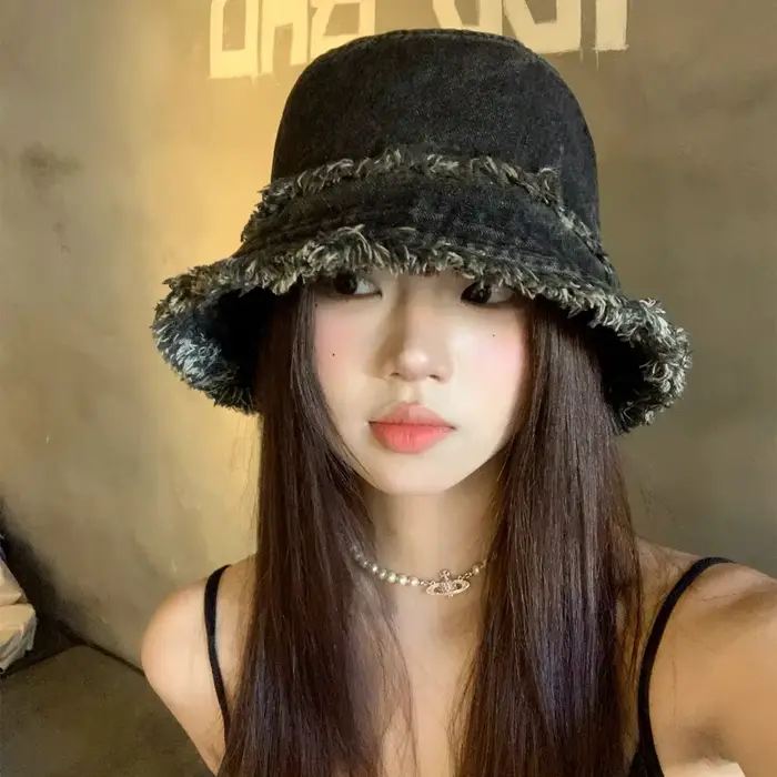 Chapeau seau en Denim à bord rugueux délavé japonais